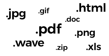 Un nuage d'extensions : .jpg .gif .html .doc .pdf .png .wave .zip .xls